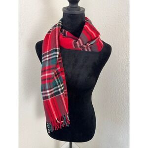 100% Pure Wool Plaid Scarf Red Green White Fringe Winter Warm Unisex